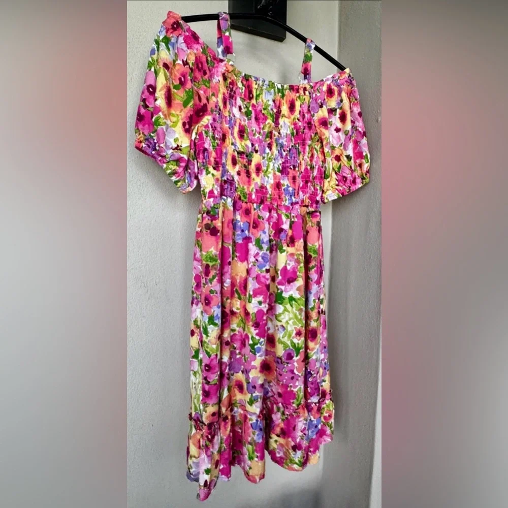 The Childrens Place Off Shoulder Short Sleeve Dress Pink & Yellow Floral 10/12 - Picture 4 of 16
